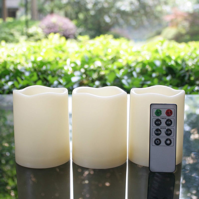QIDEA Outdoor Waterproof Battery Operated Flameless LED Pillar Candles with Remote Timer Flickering Electric Plastic Resin Decorative Lights for Xmas Christmas Wedding Party Decorations Gifts Supplies 3 PCS - Image 1